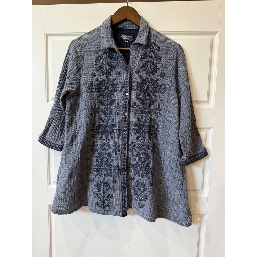Johnny Was Blue Embroidered Gauze Shirt Boho Floral Medium Cottagecore Folk